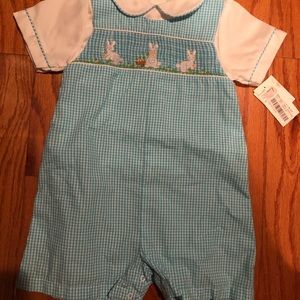 Easter bunny rabbit blue collared smocked shortall